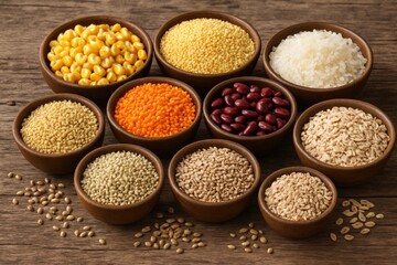 A variety of raw grains including corn, millet, lentils, and beans displayed on an aged wooden table