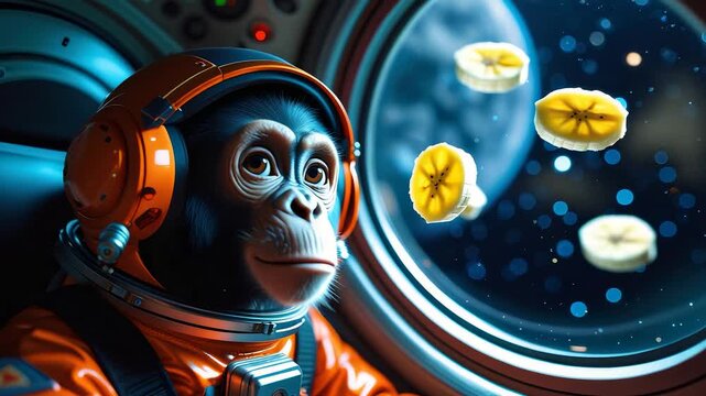 Cute chimpanzee astronaut in orange space suit floating inside spacecraft with banana slices near window and view of Earth in background