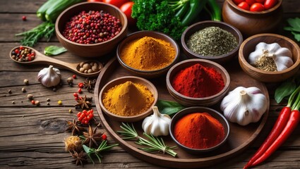 Variety of spices displayed in small containers and on a dish