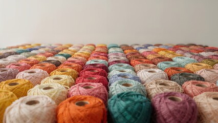 Fototapeta premium A variety of fiber spools organized by hue, highlighting home and fashion themes