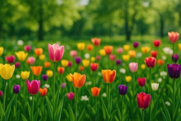 Obraz premium Brightly colored tulips blooming in a floral setting