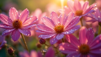 Delicate pink cosmos flowers with glistening dew drops bathed in warm golden morning sunlight