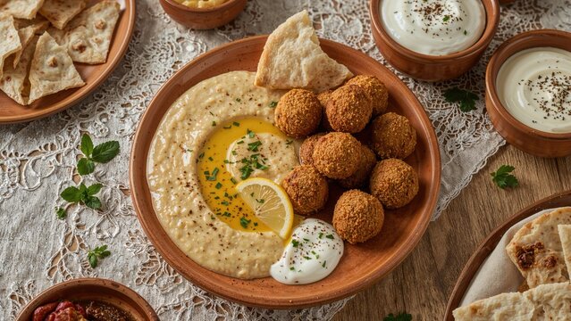 Authentic Arabic Morning Meal Featuring Falafel and Foul Medames