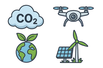 Environmental icon set for green technology, ecology, and sustainability. Vector cartoon symbols of CO2 emissions, drone monitoring, renewable energy, solar panels, and wind turbines.