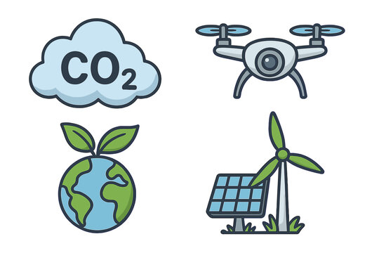 Environmental icon set for green technology, ecology, and sustainability. Vector cartoon symbols of CO2 emissions, drone monitoring, renewable energy, solar panels, and wind turbines.