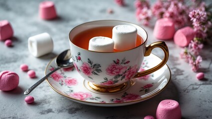 Fototapeta premium A comforting drink accompanied by marshmallows and a spoon on a saucer