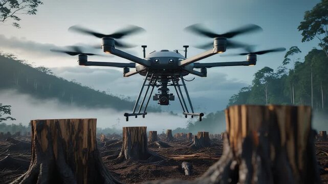 Advanced surveillance drone flying above deforested woodland area with tree stumps and misty mountain forest landscape in environmental scene