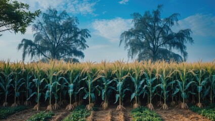 Obraz premium Agricultural scene featuring corn crops and a toddy tree