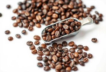 Fototapeta premium Miniature scoop overflowing with dark roasted coffee beans on a pristine white surface, breakfast, still life