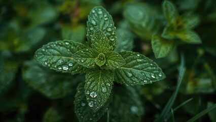 Close-up of Mint foliage covered with raindrops