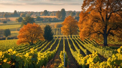 Naklejka premium Countryside scenery showcasing agricultural fields and vineyard plants