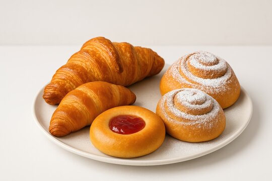Delicious homemade pastries such as croissants, jam-filled bagels, and cinnamon-sprinkled buns dusted with powdered sugar, simple recipe, handcrafted, with room for creativity.