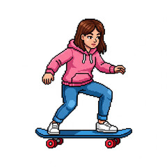 A pixelated person in a pink hoodie and blue jeans stands on a skateboard, ready to roll.
