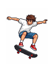 A pixelated boy in a white T-shirt and blue shorts is suspended in the air doing an ollie on a black skateboard.