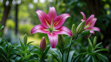 Fototapeta premium Colorful pink lily flourishing amidst greenery