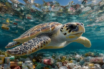 Fototapeta premium A sea turtle swims through the ocean water, entirely surrounded by plastic pollution and harmful waste materials impacting the world.