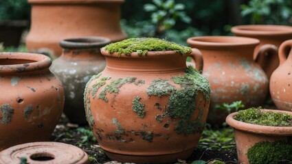 Ancient garden pottery featuring moss growth. Detailed view of old terracotta with rough surface. Red clay textures highlighting weathered craftsmanship. Abstract image showcasing the rustic charm of