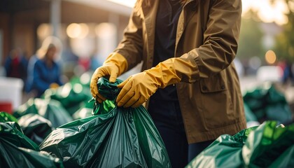 Volunteer Gathering Trash and Recycling for Environmental Cleanup, Community Service, and Sustainability