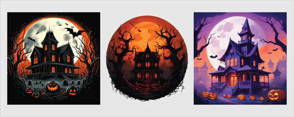 Vector art of eerie haunted house under moonlight