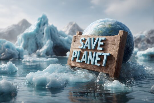 A symbolic Earth globe stands amidst vast melting ice and blue water in a stark arctic landscape, bearing a powerful 'Save Planet' message.