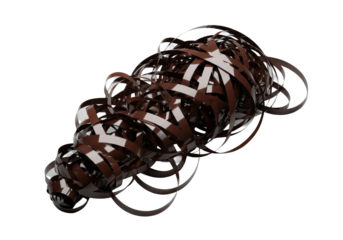 Dark brown magnetic tape ribbon intricately coiled and unspooled, showing dull matte and glossy reflective bands against a seamless transparent studio backdrop, material study concept