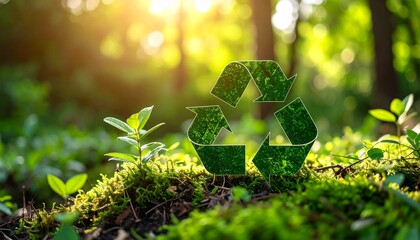 Concept of environmental protection with a recycle symbol growing from the lush green forest floor at sunrise