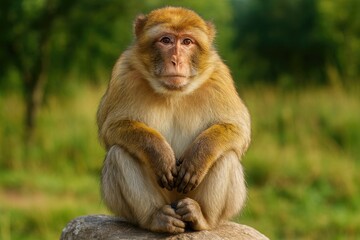 Fototapeta premium Macaque resting atop a boulder