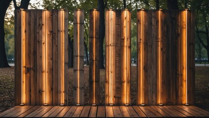 Obraz premium Elegant glowing wood panel installation within a tranquil park environment