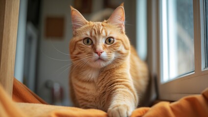Vertical shot of a charming ginger feline having fun inside a home