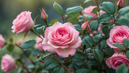 Charming outdoor scene featuring a pink rose bush and tea arrangement