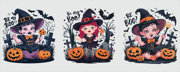 Fototapeta premium Vector art of three cute halloween witch isolated on white background