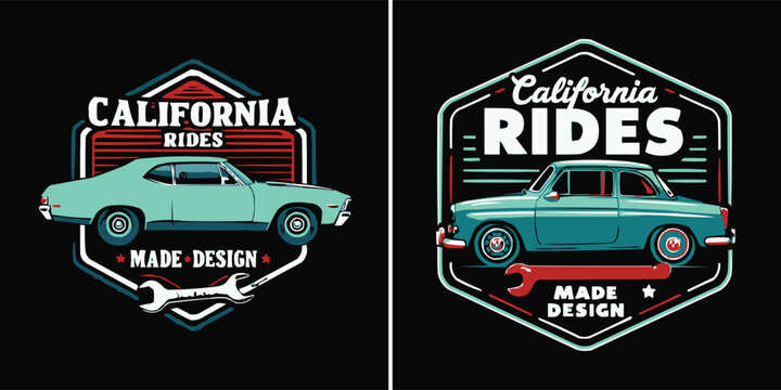 Retro California rides car illustration with vintage typography and garage emblem for classic auto t shirt design