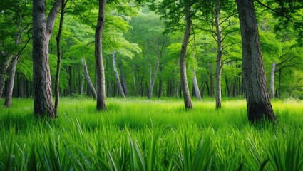 Vibrant green plants and trees creating a serene forest scene