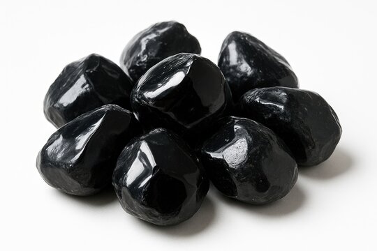 Set of Apache Tear Obsidian Stone Specimens Displayed Against a White Backdrop