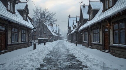 Fototapeta premium A cobblestone alleyway lined with charming snow covered buildings under a bright overcast sky creating a serene winter wonderland atmosphere