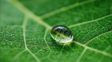 Minimalist macro shot of a single water droplet magnifying leaf veins on a fresh green surface.