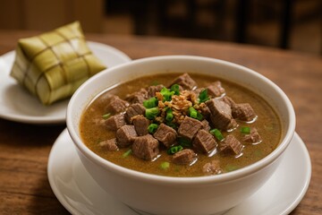 Sliced beef prepared with unique seasonings, presented in a bowl and paired with rice wrapped in banana leaves.