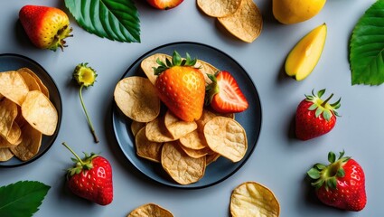 Assorted fruit and vegetable chips displayed on a grey background emphasizing nutritious snacks