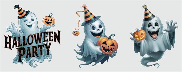 Vector art of cute halloween ghost party isolated on white background
