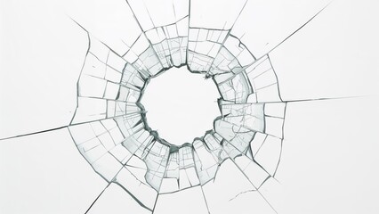 Obraz premium Glass pane with damage and a hole on a plain white background