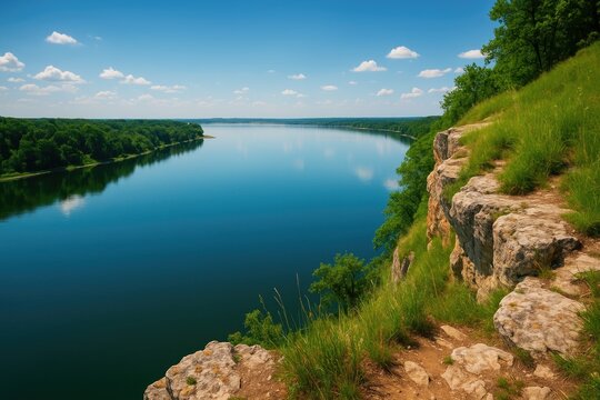 Fototapeta Overlooking a serene lake from the edge of a steep precipice