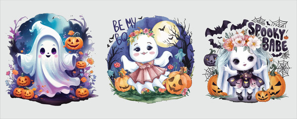 Vector art of cute spooky halloween ghost set