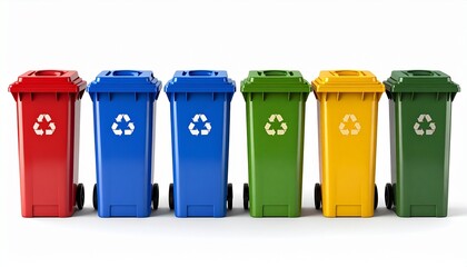 A row of colorful red, blue, green, and yellow recycling bins for sorting waste and promoting environmental sustainability