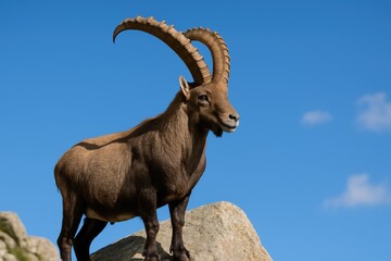 A mature Capra ibex male standing on a rocky surface with a blue sky backdrop