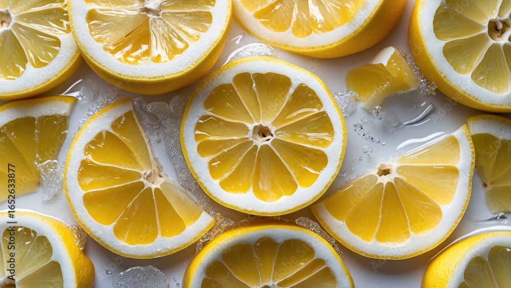 Poster fresh lemon wedges displayed against a patterned backdrop
