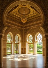 Obraz premium Discover elegant Moroccan architecture with intricate gold detailing and sunlight