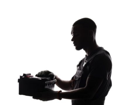Technician handling equipment at workshop industrial environment silhouette, isolated on transparent background, png