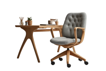 Modern Scandinavian workspace featuring wooden desk and ergonomic chair. design emphasizes simplicity and functionality, creating comfortable and stylish environment for productivity