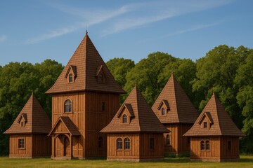 Charming pyramid residences nestled before a lush oak forest