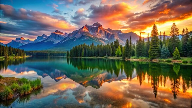 Serene Lake Reflection: Majestic Mountain Landscape at Dawn